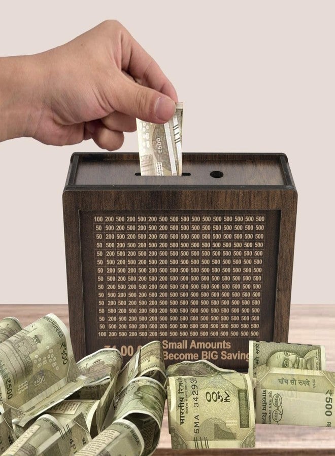 NOMAZO Wooden Money Saving Box ₹1,00,000 Target Piggy Bank with Goal Tracker Smart Cash & Coin Vault for Kids & Adults Personal Finance Saving Challenge Box - Image 3